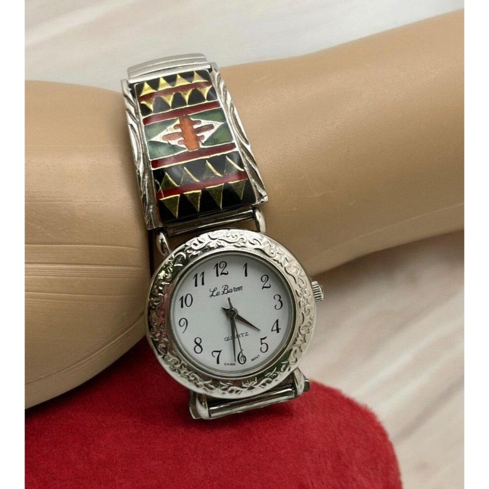 Vintage Le Baron Womens Watch Tribal Design Silver Tone Stretch Band Retro 80s
